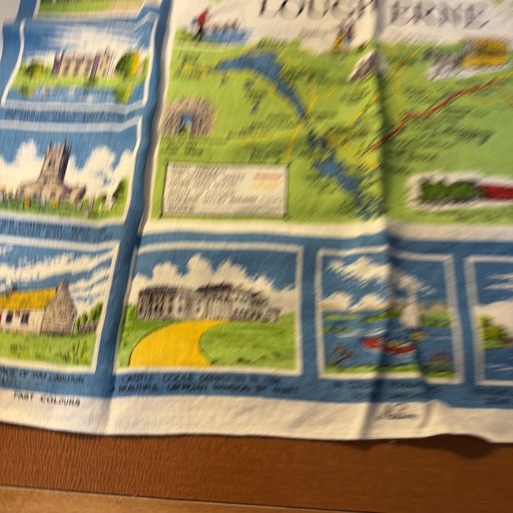 Vintage Ireland Tea Towel All Pure Linen Made in Ireland Map Landmarks Clogher